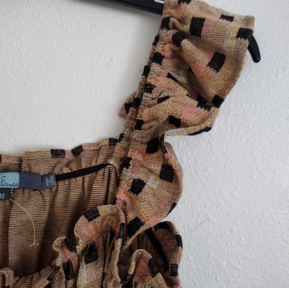 Eva Franco Ruffled Checkered Square Patterned Tan Multicolor Top Size Medium - Picture 7 of 13